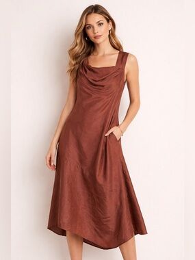 ZAPA PARIS Gorgeous Brown Draped Ruched Midi Dress Size S/M